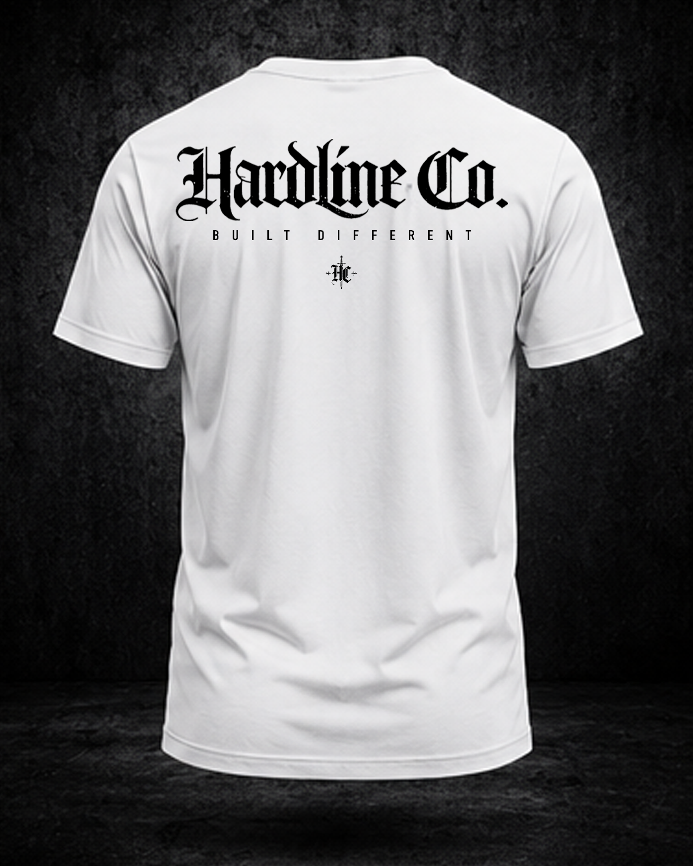 White t-shirt with 'Hardline Co.' text on the back against a dark background