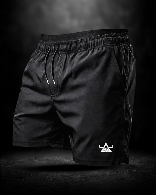 Black shorts with a logo on a dark background