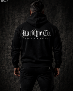 Person wearing a black hoodie with 'Hardline Co.' logo on a dark background