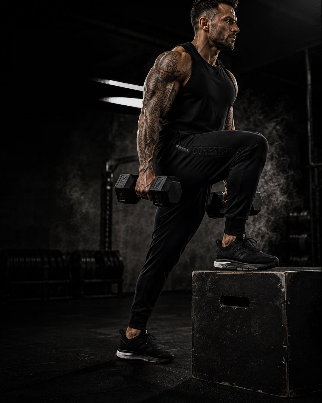 Man lifting weights on a dark background