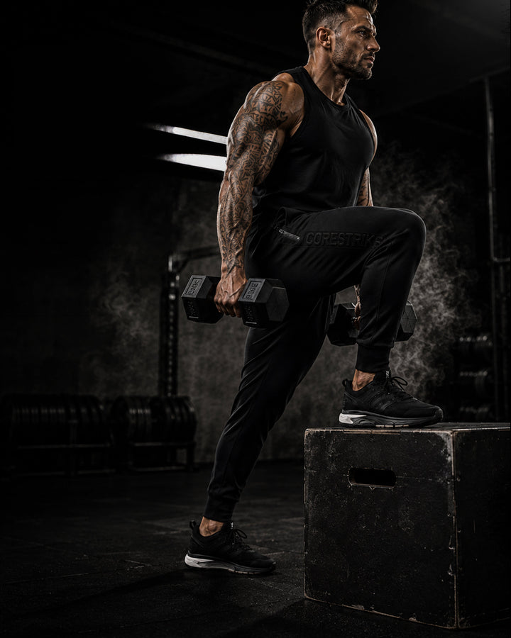 Man lifting weights on a dark background