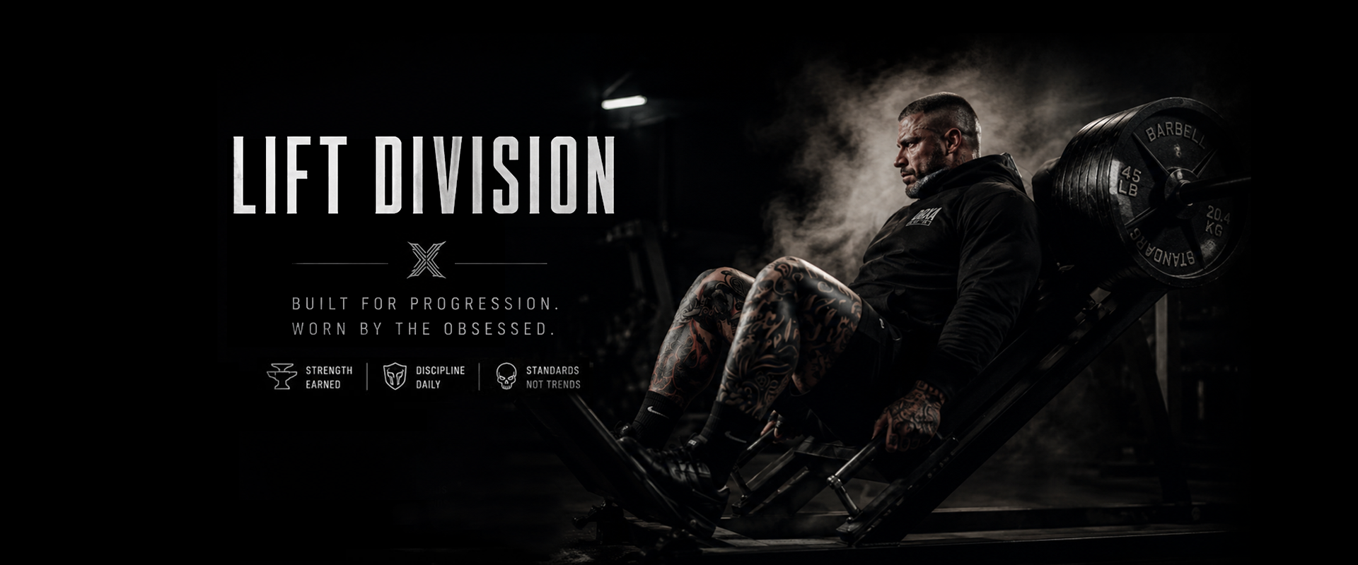 Person using a weight machine with 'Lift Division' branding and text on a dark background