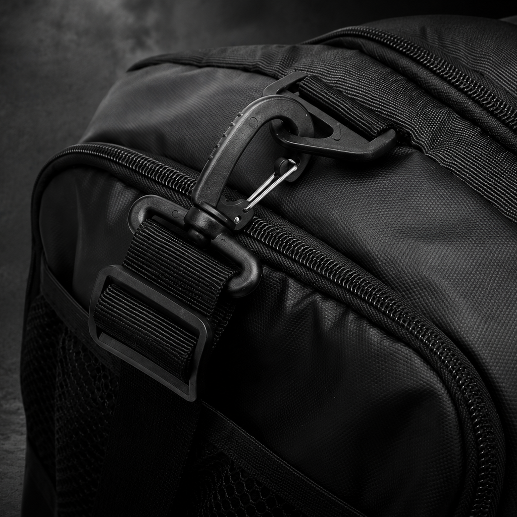 Close-up of a black backpack with zippers on a dark background
