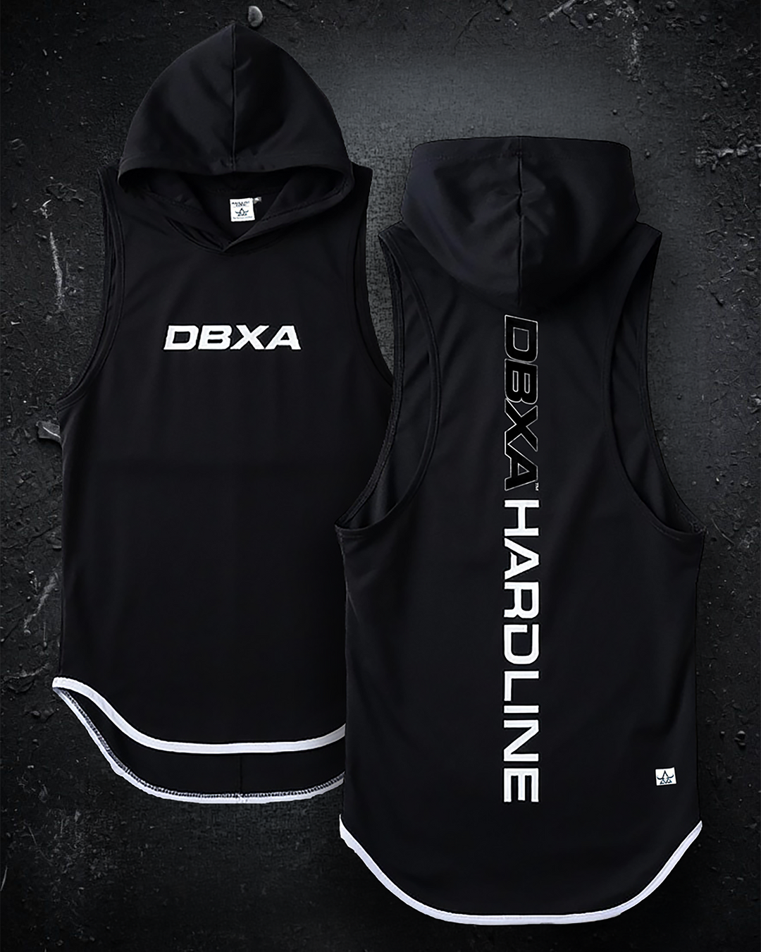 Black DBXA Ironcore Hooded Tank shown in front and rear views