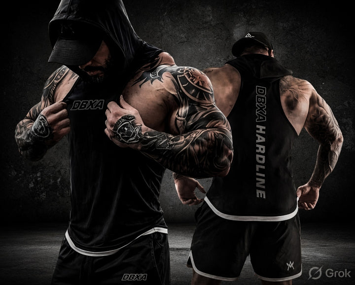 Two muscular men showing front and rear views of the DBXA Ironcore Hooded Tank