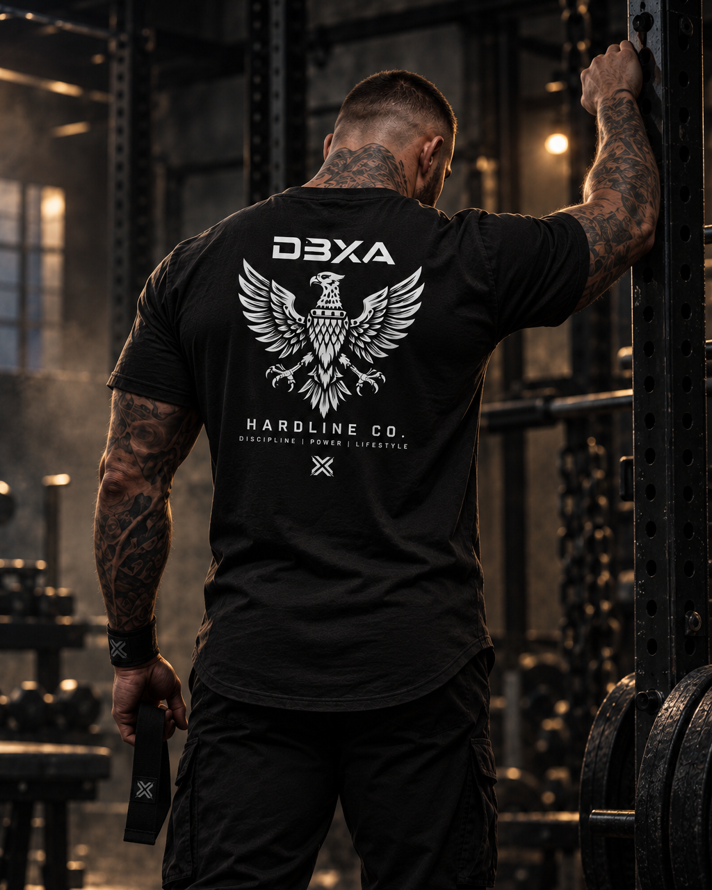 A man in a gym wearing a black t-shirt with a large white eagle graphic and the brand name &