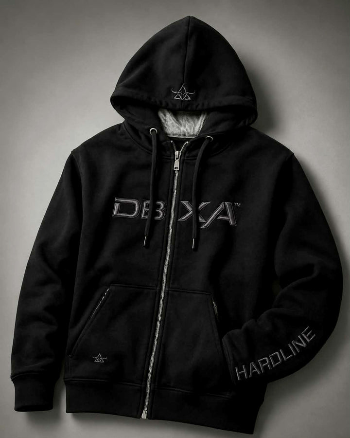 Black DBXA Ironveil zip hoodie with metallic chest embroidery, hood detail and HARDLINE sleeve branding.