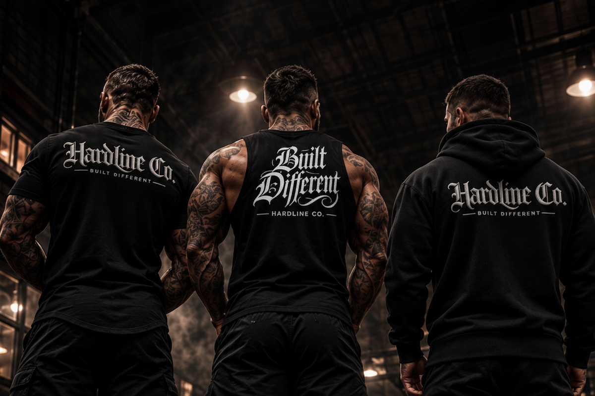 Three muscular men standing with their backs to the camera in a dark gym, wearing black apparel with white gothic-style text: one tank top reading 'Built Different', one hoodie reading 'Hardline Co', and one shirt reading 'Hardline Co'.