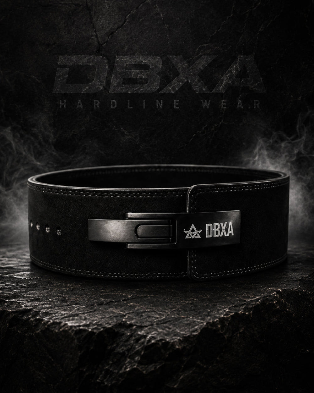 Black leather belt with DBXA logo on a dark background