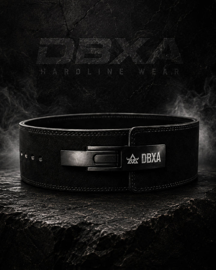 Black leather belt with DBXA logo on a dark background