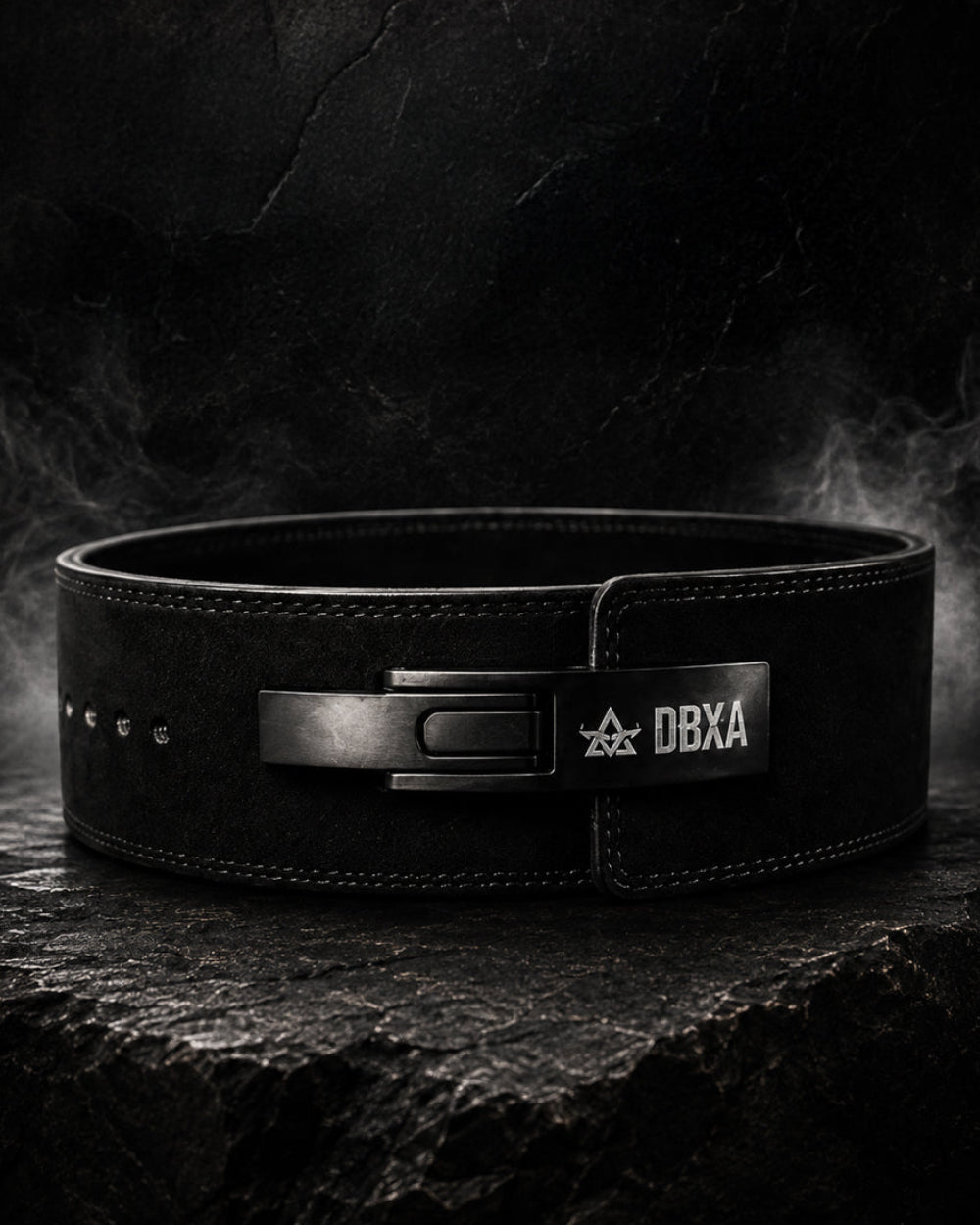 Black weightlifting belt with DBXA logo on a dark background
