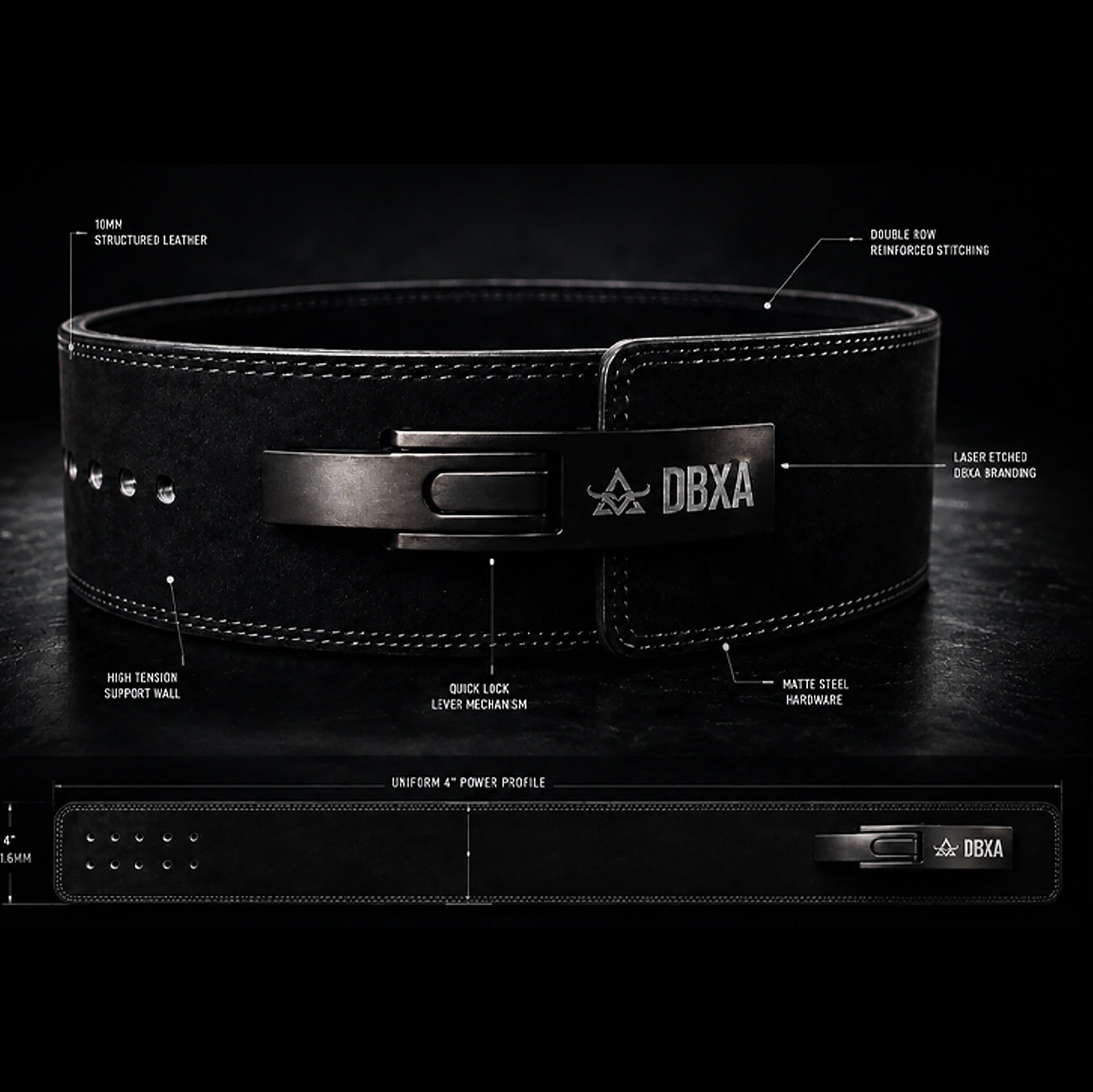 Black leather powerlifting belt with DBXA branding on a dark background