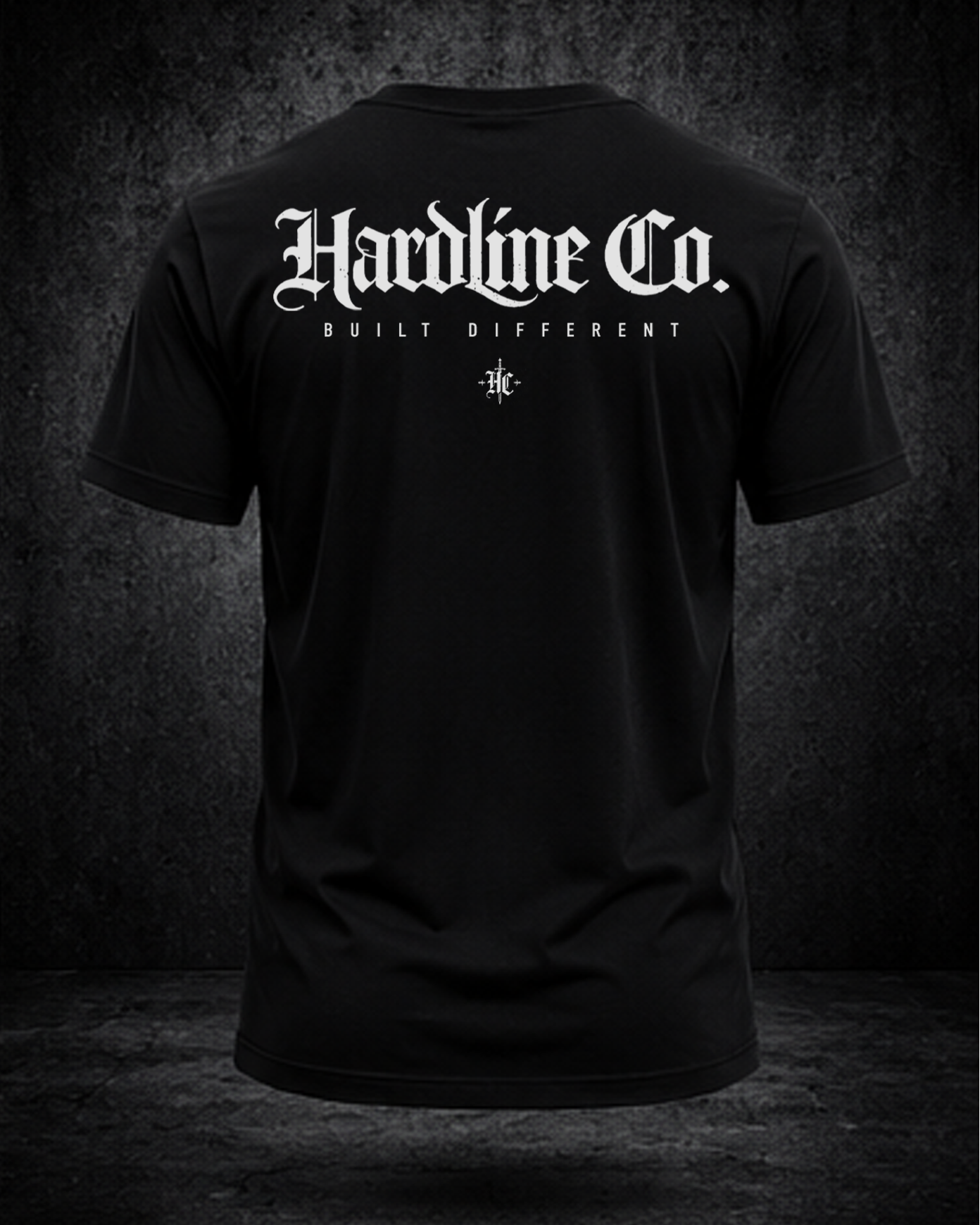 Black t-shirt with 'Hardline Co.' text and logo on a dark background