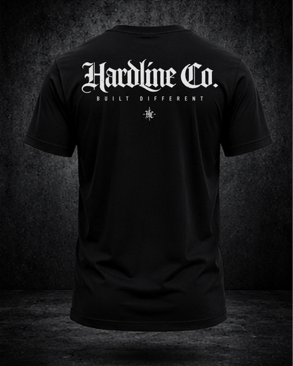 Black t-shirt with 'Hardline Co.' text and logo on a dark background