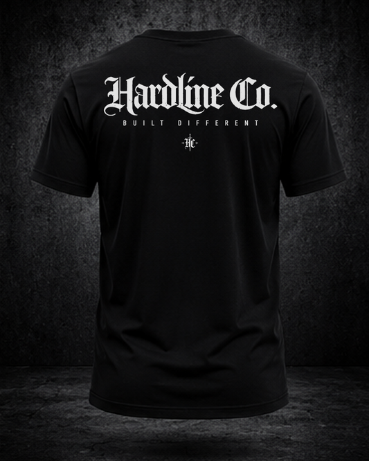 Black t-shirt with 'Hardline Co.' text and logo on a dark background