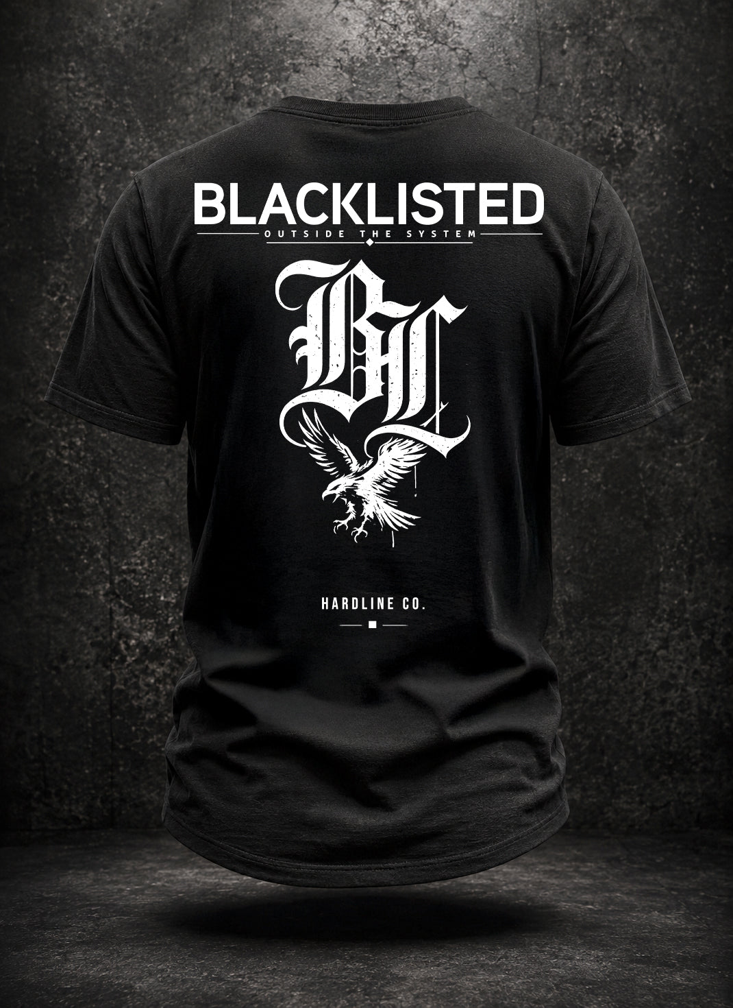 Black Blacklisted OTS V2 tee showing the rear monogram and eagle graphic