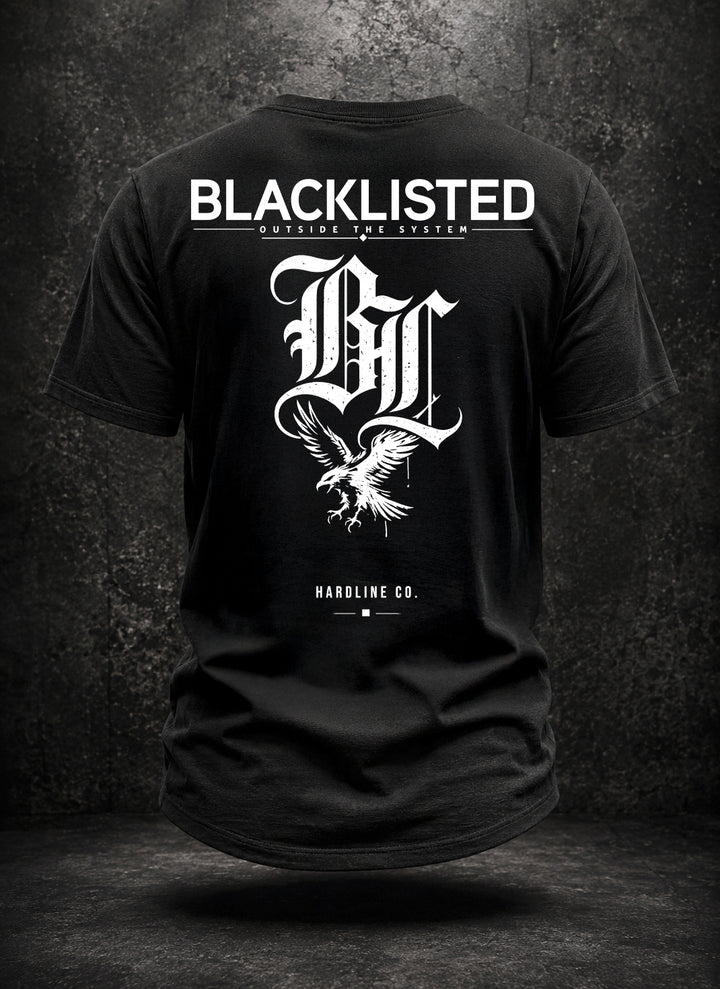 Black Blacklisted OTS V2 tee showing the rear monogram and eagle graphic