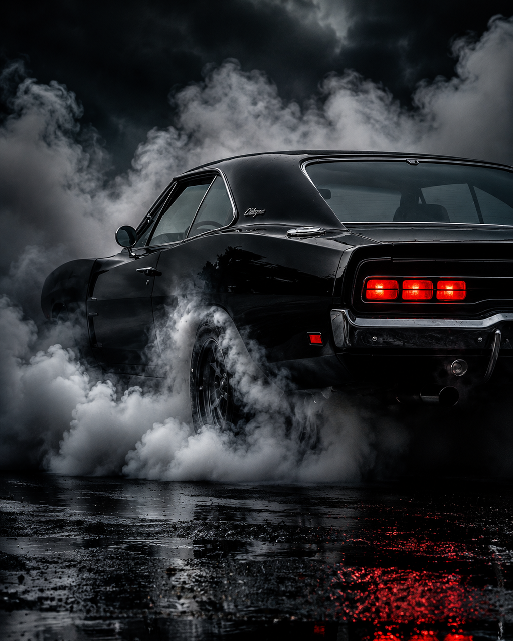 Black muscle car with red taillights on a dark background