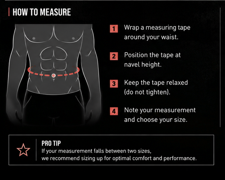 Instructions on how to measure waist size with a diagram of a torso and measuring tape.