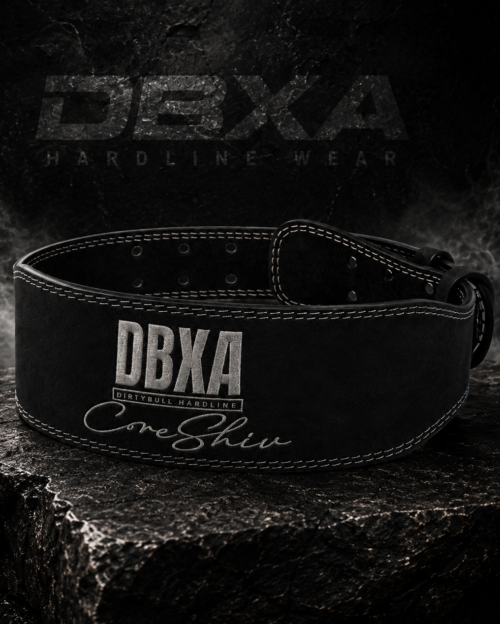 Black leather belt with 'DBXA' branding on a dark background