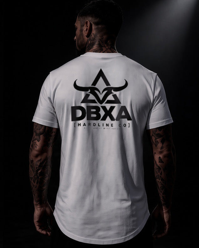 A man viewed from behind wearing a white TEE with a large black graphic on the back. The graphic features a bull horn logo above the text &