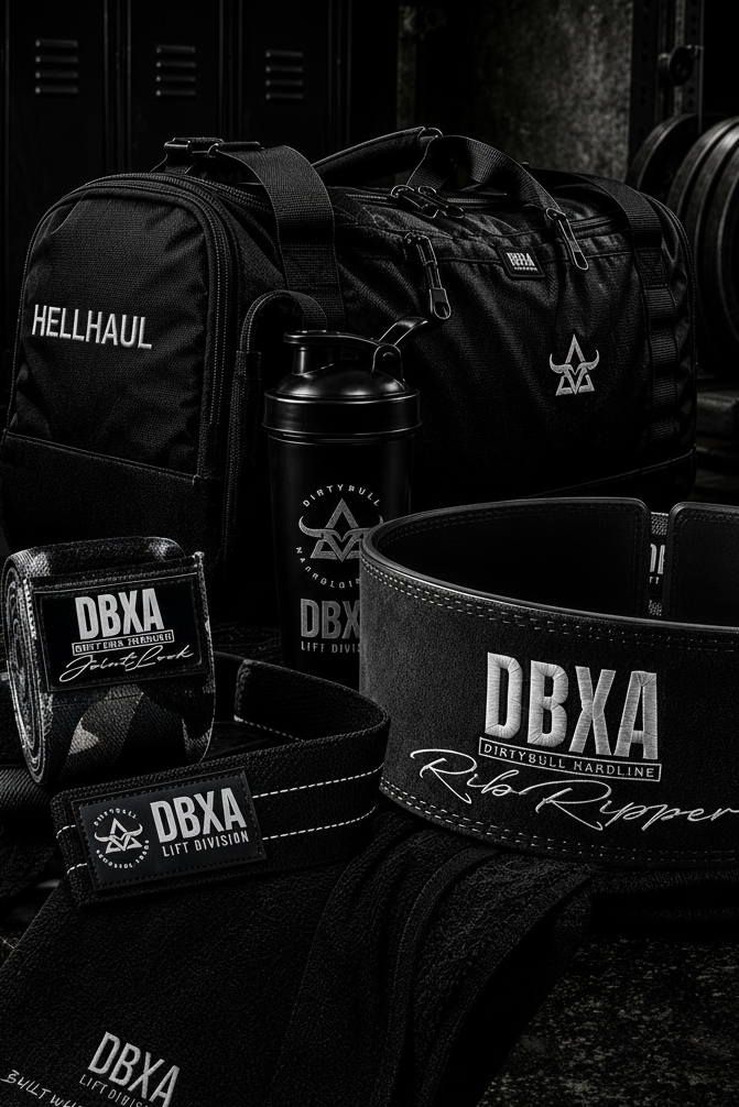 A collection of black DBXA branded gym gear arranged on a dark stone surface, including a duffel bag, water bottle, wrist strap, lifting belt, towel, and a small pouch, with locker imagery in the background.