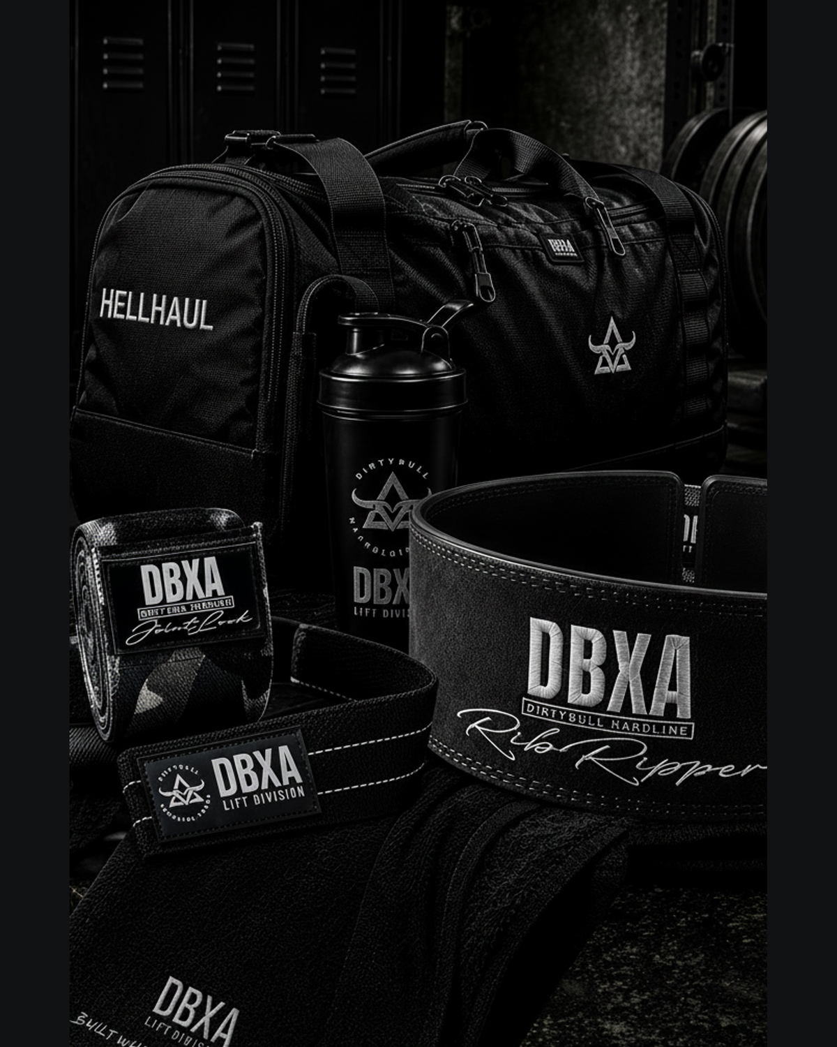 DBXA HellHaul Elite Pack with HellHaul bag, RibRipper belt, JointLock wraps, Lift Straps, Steel Shaker and Gym Towel.