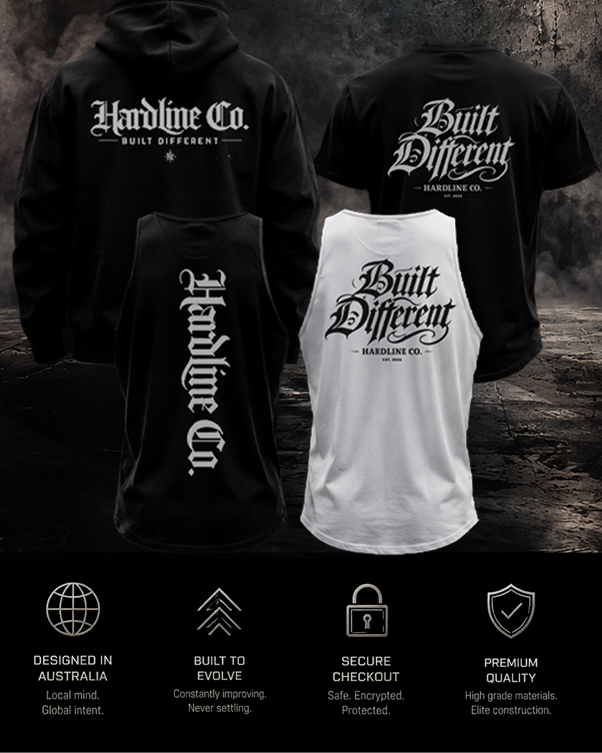 Four apparel items from Hardline Co. are displayed against a dark smoky background: two black hoodies and tank tops, one black T-shirt, and one white tank top.