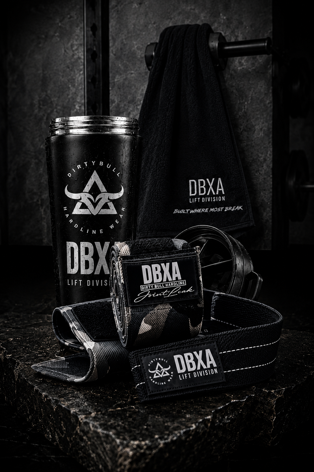 DBXA Pressure Forged Pack with steel shaker, lift straps, knee wraps and gym towel arranged on a dark stone slab.