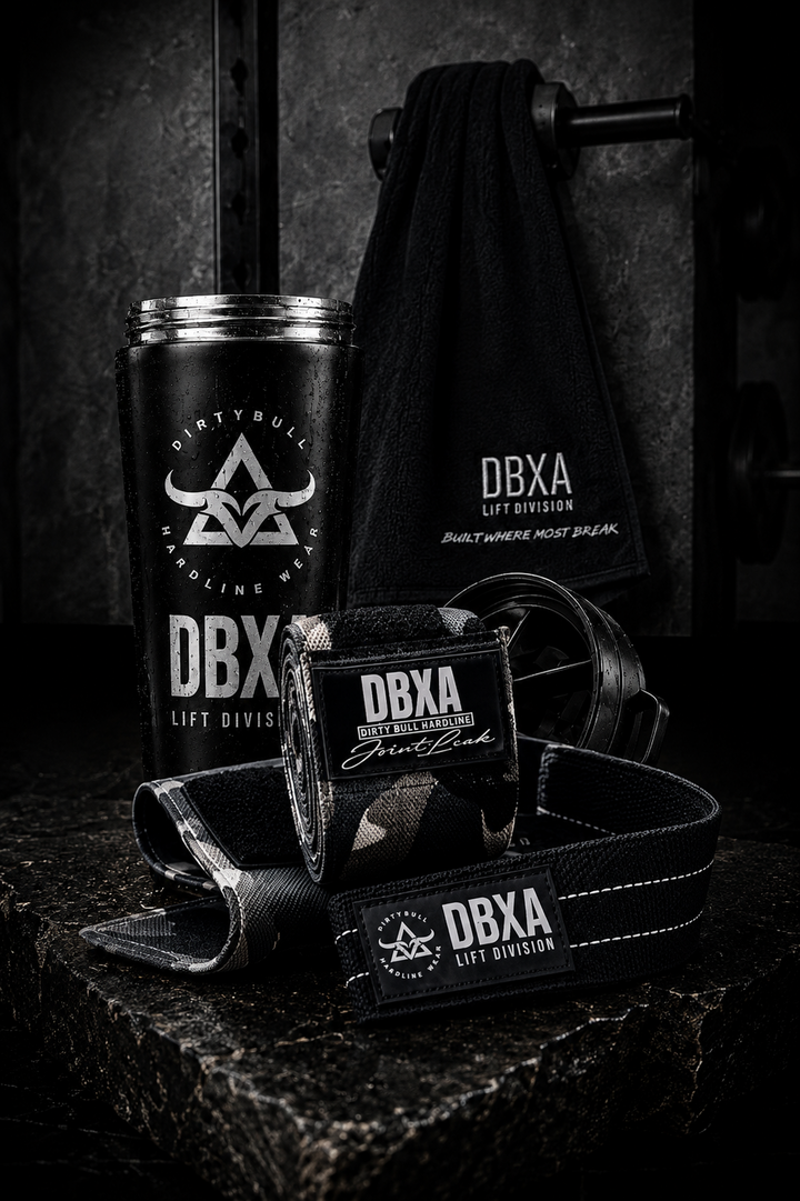 DBXA Pressure Forged Pack with steel shaker, lift straps, knee wraps and gym towel arranged on a dark stone slab.