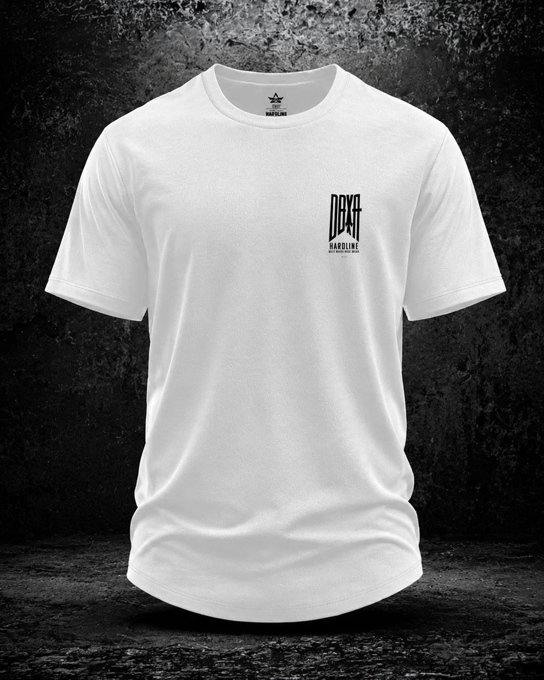 White DBXA Hardline Tee showing the small front chest graphic
