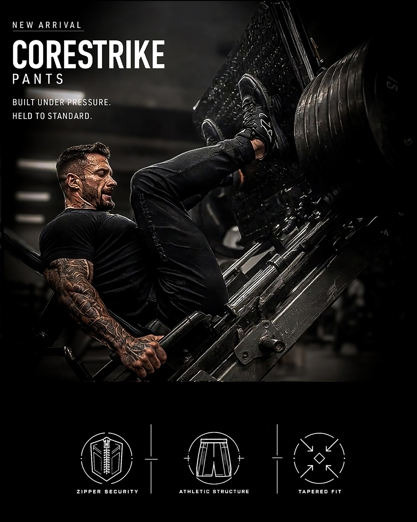 Person climbing a ladder wearing CORESTRIKE pants with product features displayed below.