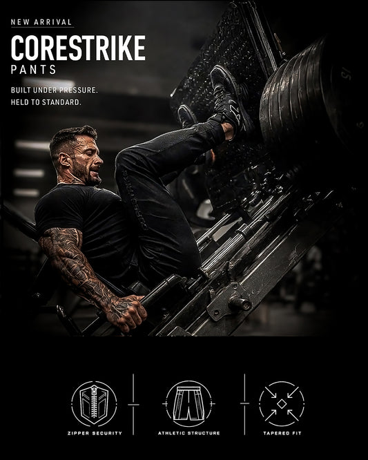 Person climbing a ladder wearing CORESTRIKE pants with product features displayed below.