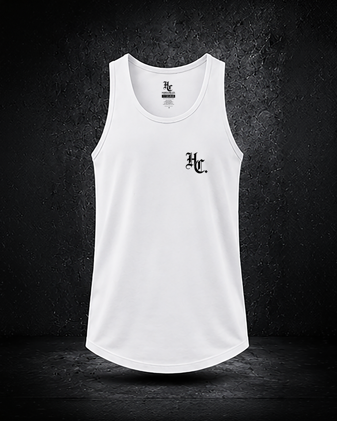 White Hardline Co. Tank front view — HC chest monogram