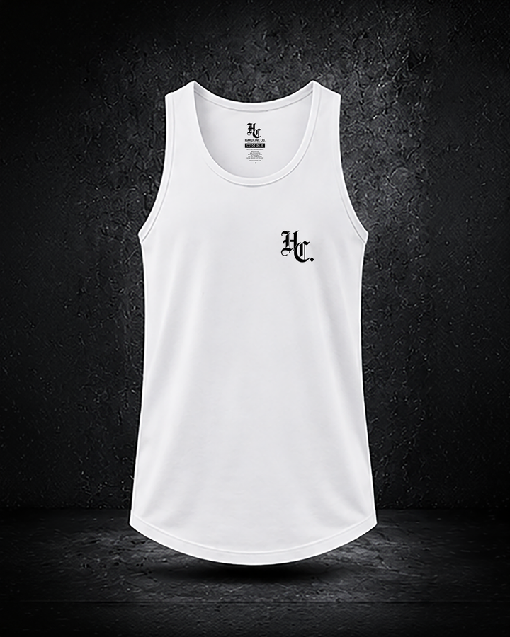 White Hardline Co. Tank front view — HC chest monogram