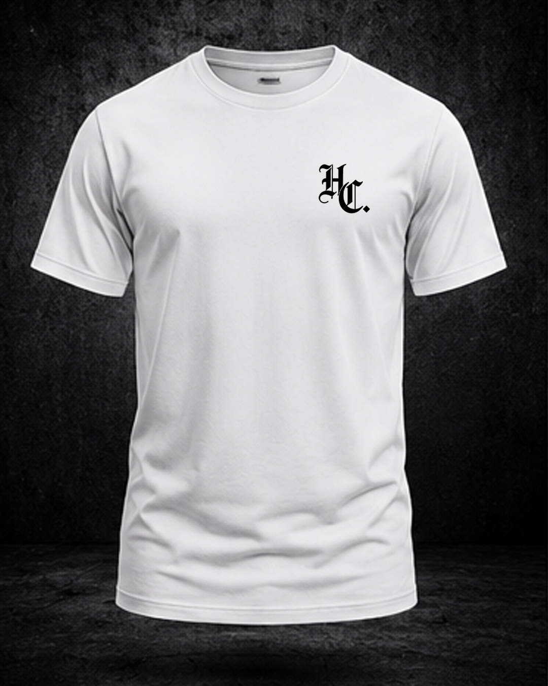 White Hardline Co. Tee front view — HC chest monogram