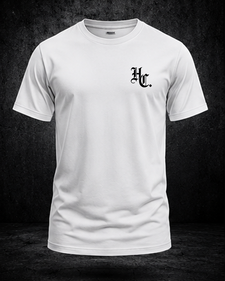 White Hardline Co. Tee front view — HC chest monogram