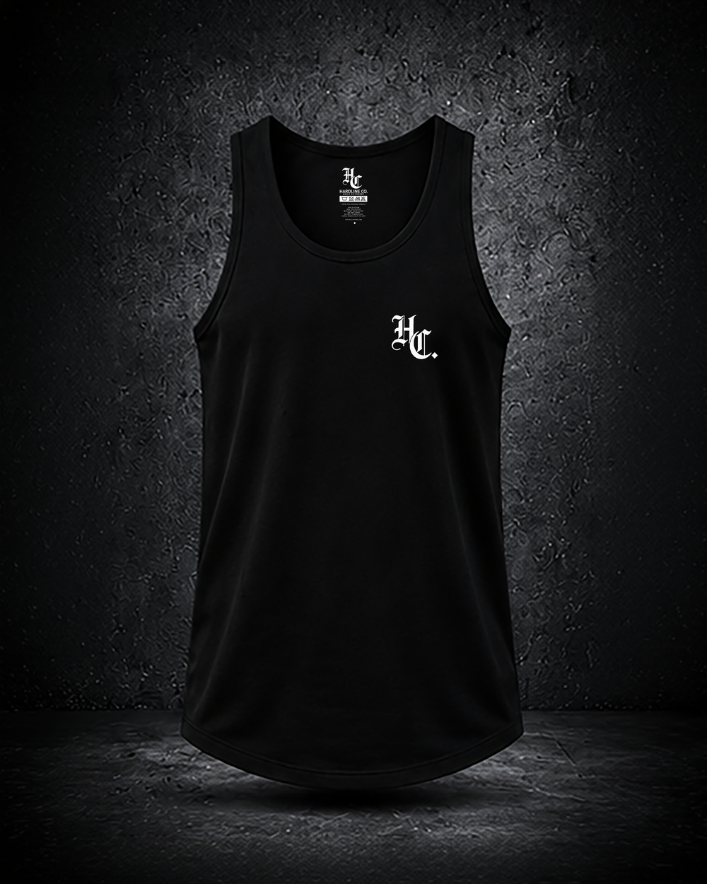 Black Hardline Co. Tank front view — HC chest monogram