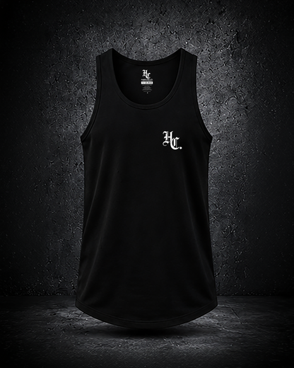 Black tank top with a logo on a dark textured background