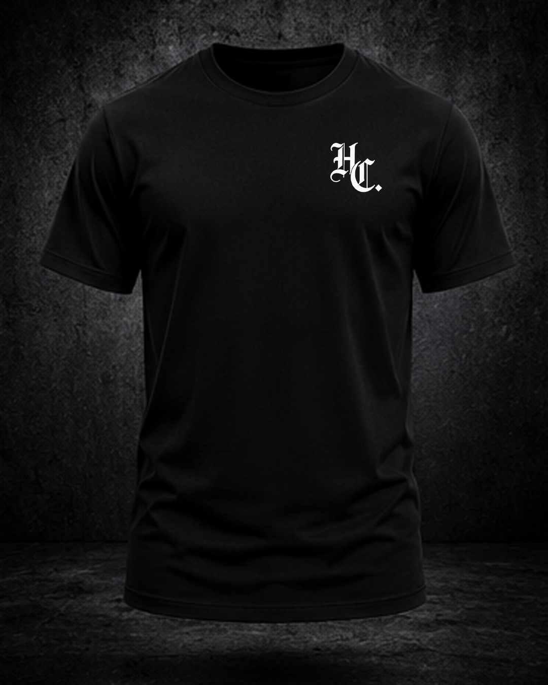 Black Hardline Co. Tee front view — HC chest monogram