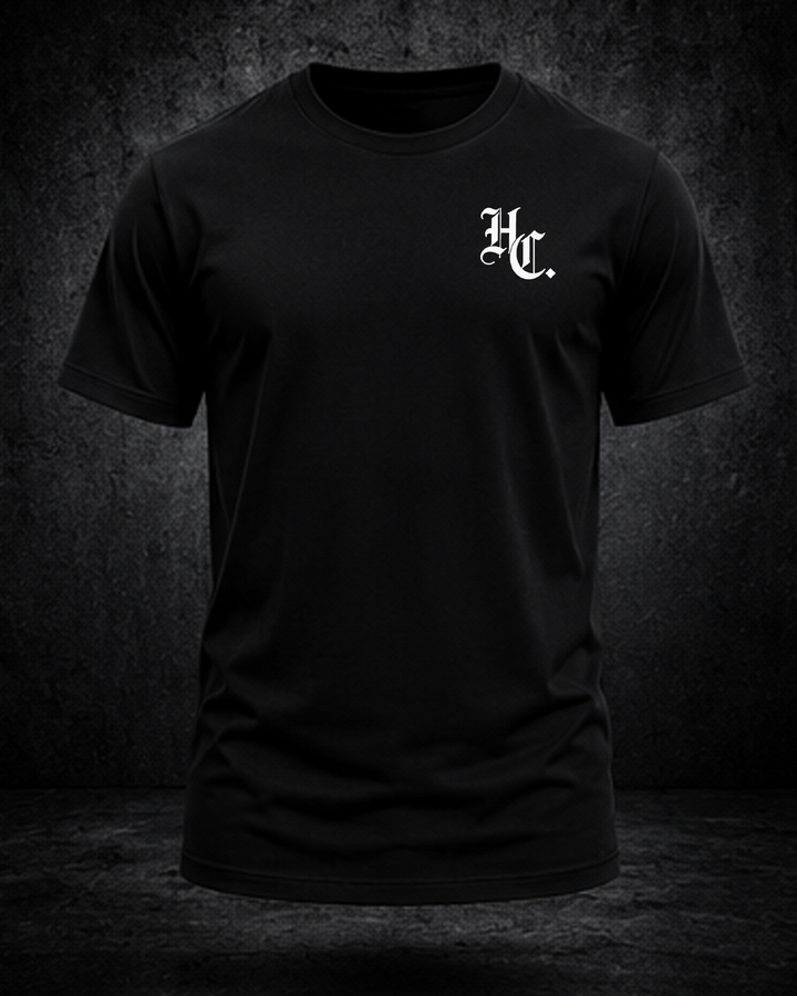 Black Hardline Co. Tee front view — HC chest monogram