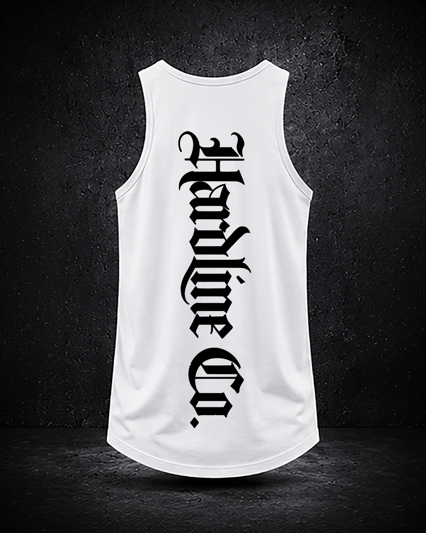 White tank top with black text on a dark background. Hardline Co. written