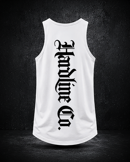 White tank top with black text on a dark background. Hardline Co. written
