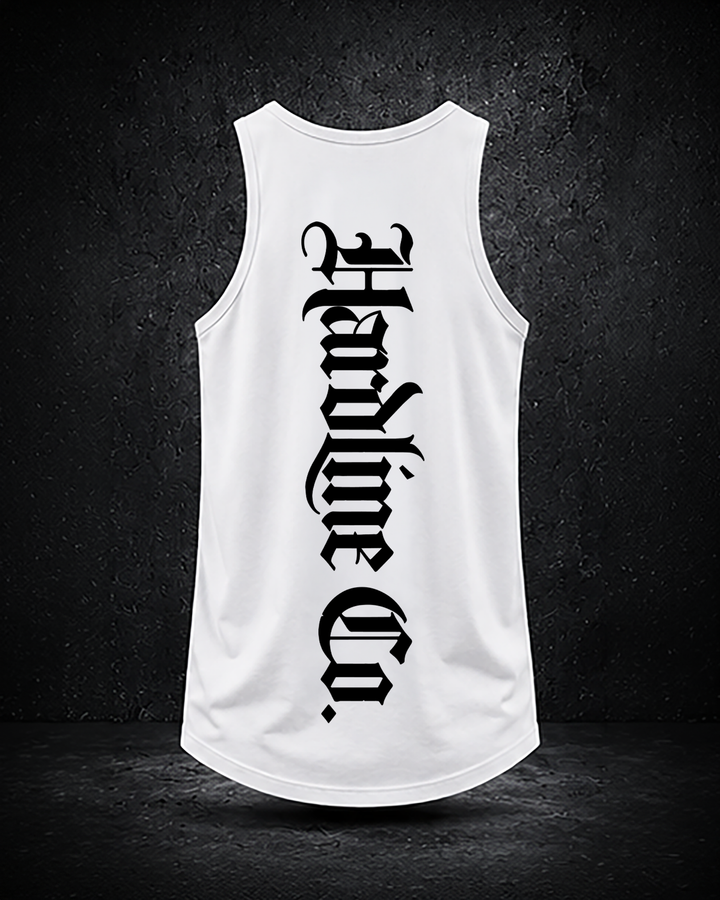 White Hardline Co. Tank rear view — vertical Hardline Co. artwork