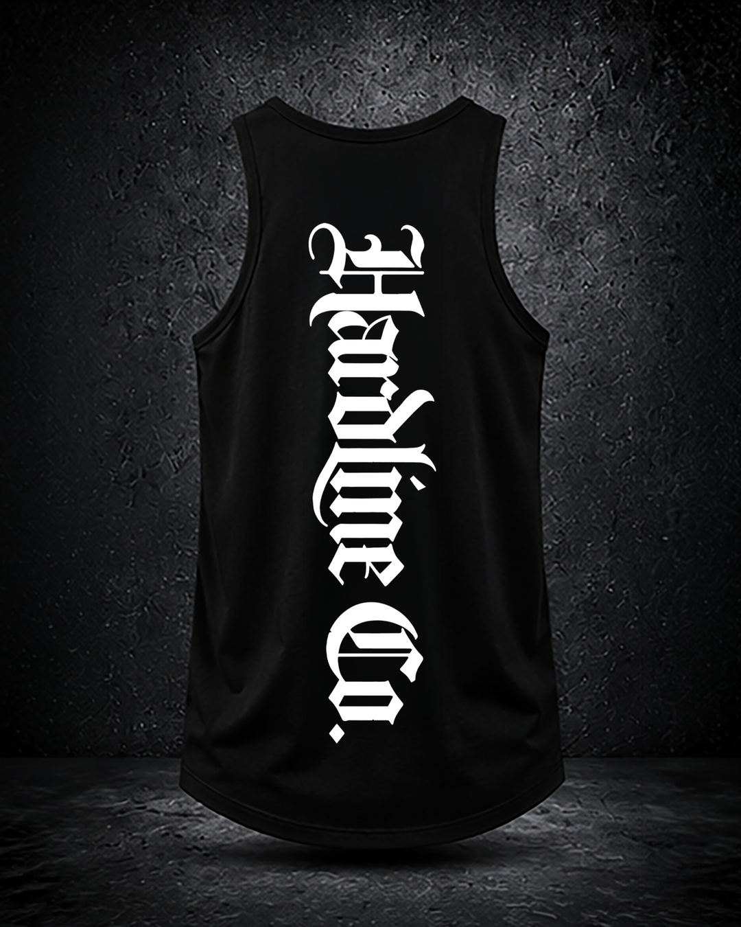 Black Hardline Co. Tank rear view — vertical Hardline Co. artwork