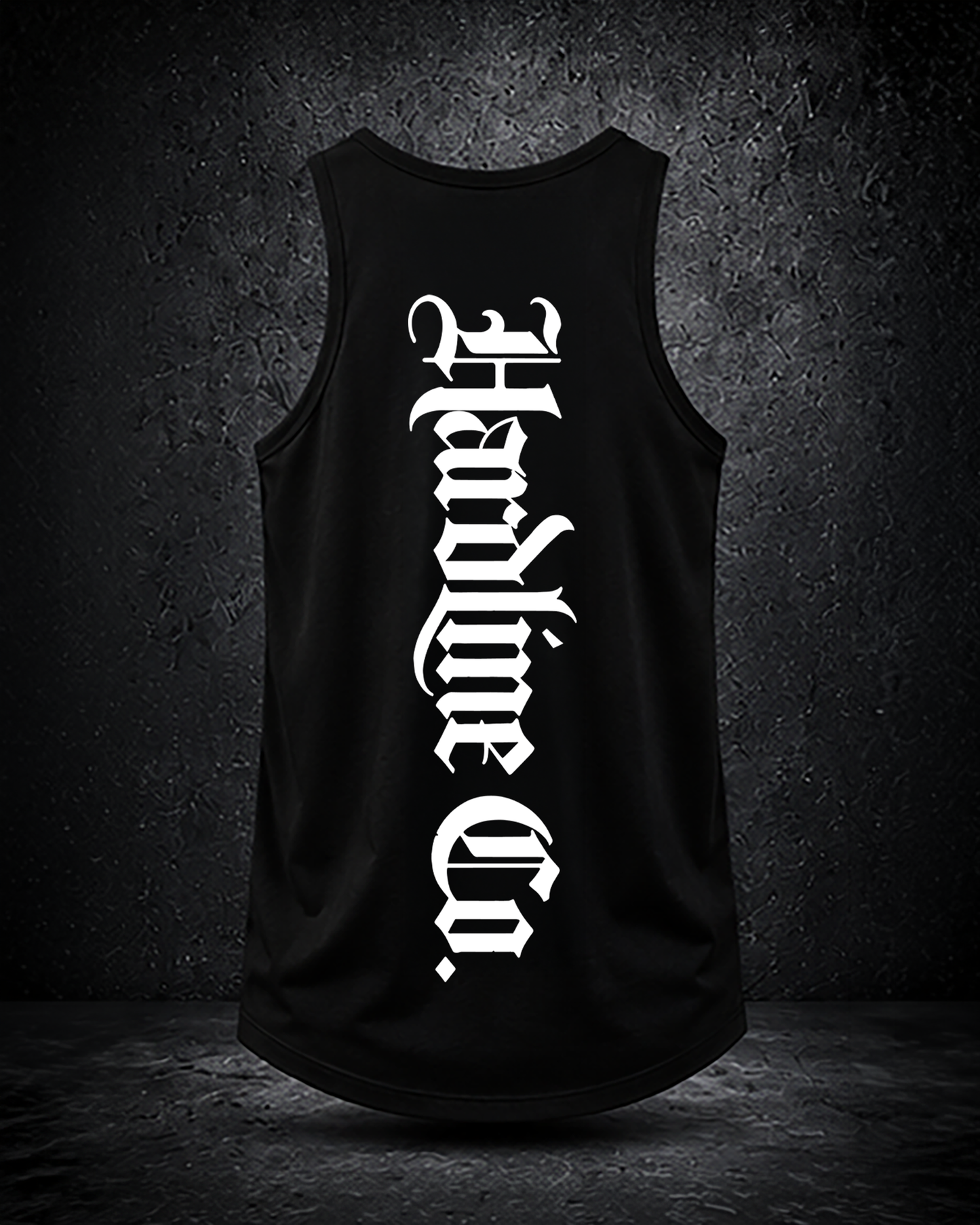 Black tank top with white text on a dark background