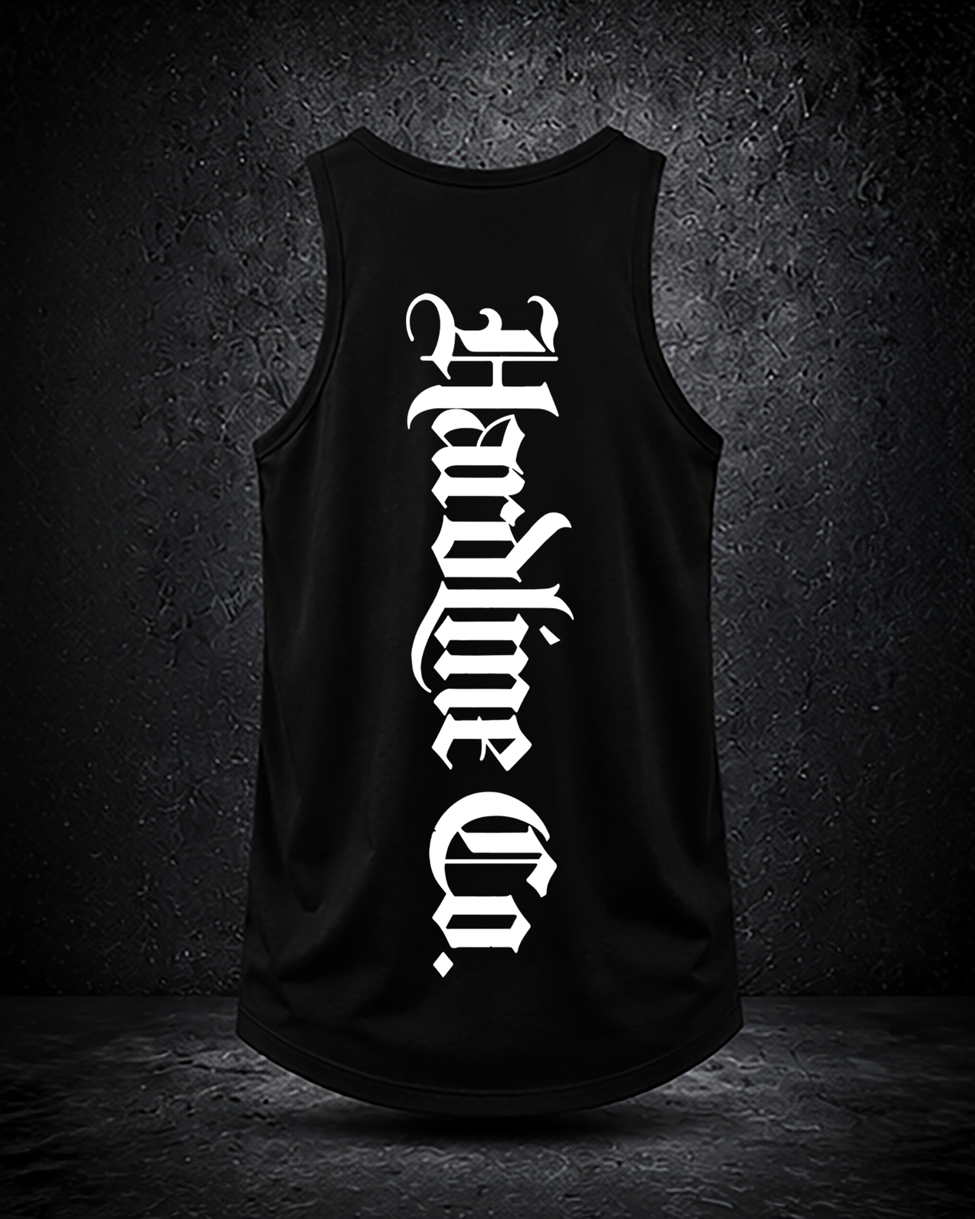 Black tank top with white text on a dark background