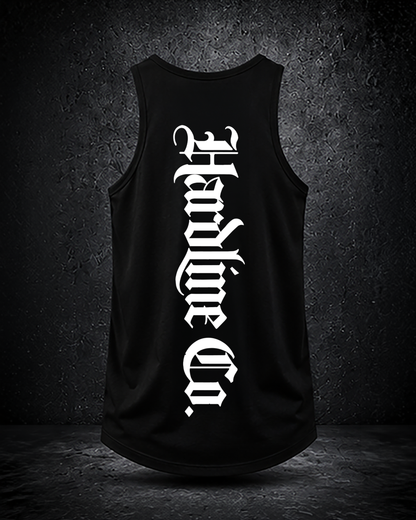 Black tank top with white text on a dark background