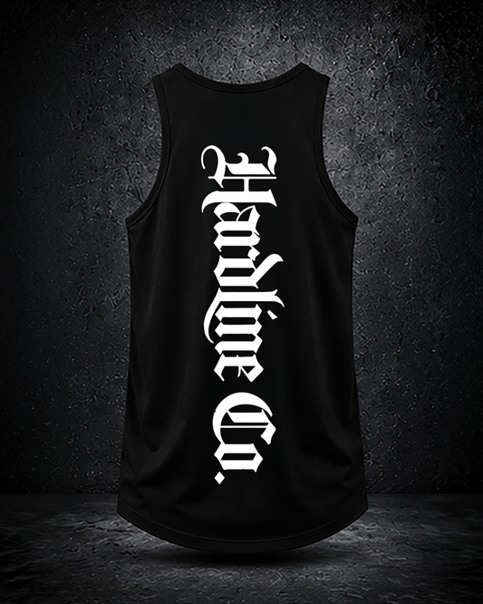 Black tank top with white text on a dark background