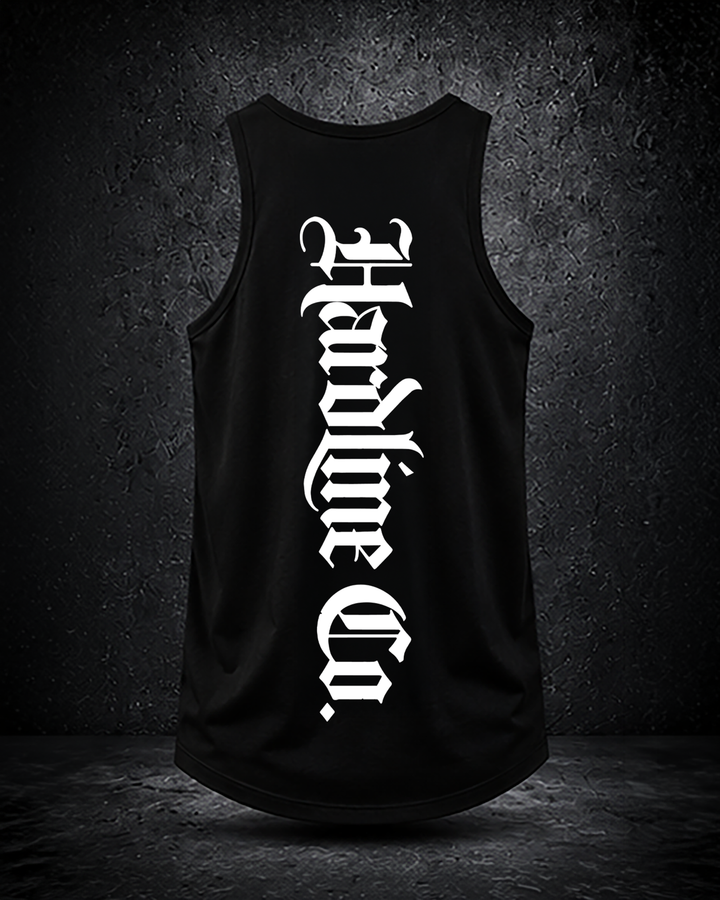 Black Hardline Co. Tank rear view — vertical Hardline Co. artwork